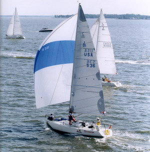 JBoats J105 under asymmetric spinnaker with bow sprit extended